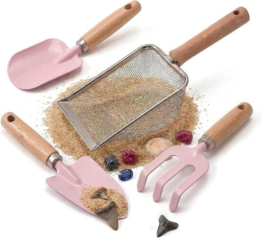 Beach Sand Toys for Kids Toddlers Made of Metal with Sturdy Wooden Handle, Sifter & Shell Clipping Tongs, Mesh Scooper for Digging, Sifting Shells, Shark Tooth Sifter Dipper, Kids Gardening Tools