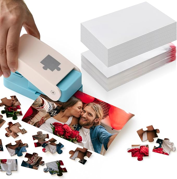 Talltalk DIY Photo Puzzle Punch Maker Set Valentines Custom Jigsaw Puzzle Piece Cutter Machine with Adhesive Foams and Storage Bags for Personalized Customized Pictures Craft Making Tool(4 x 6 Inch)