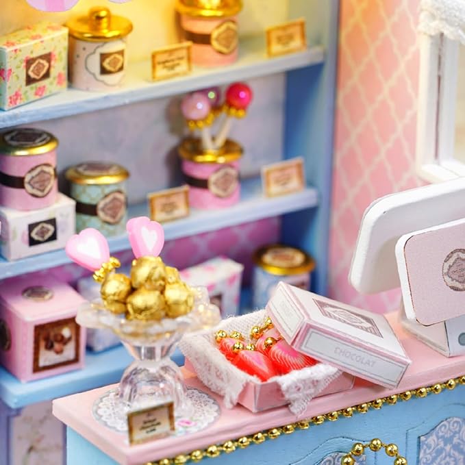 DIY Miniature Dollhouse Kits - Wooden Mini Model House with LED Lights, Tiny Furniture & Accessories – Craft Building Kits for Teens & Adults (Yummy Candy Shop) – Birthday Valentine's Gift