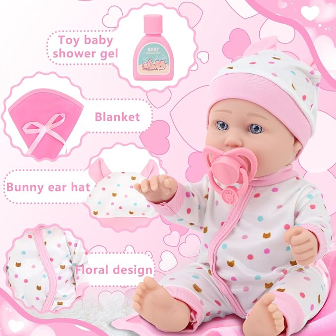 ZITA ELEMENT 12″ Baby Doll with Sleeping Carrier Bassinet Bed Set in Gift Box - 13 Piece Soft Baby Doll with Accessories, for Girls Ages 3+