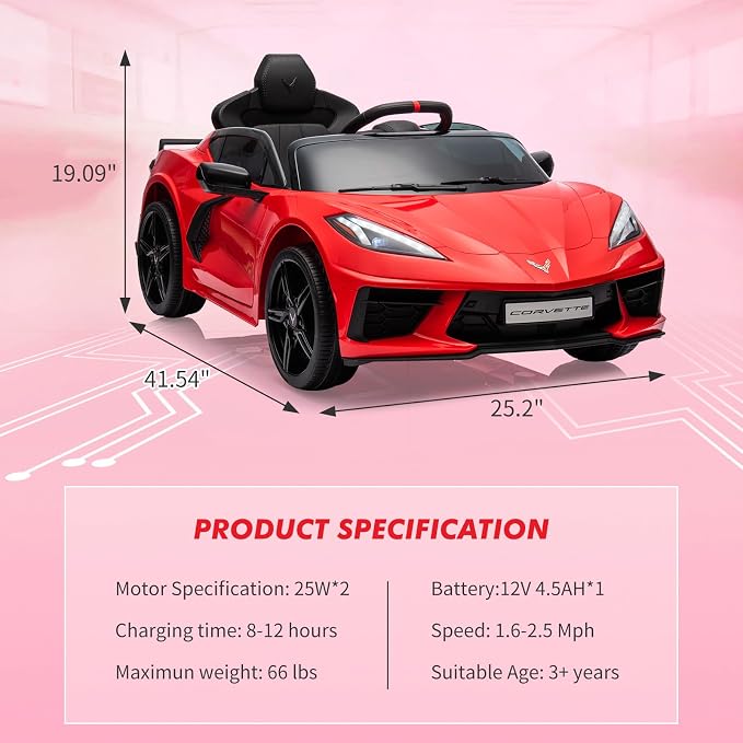 Garvee 12V Kids Ride on Car Licensed Corvette Toddlers Electric Sports Car Ride on Toy with Remote Control, Visual Dashboard, LED Lights, Music for Boys & Girls, Red