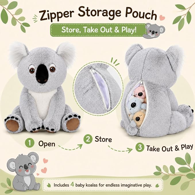 5 Piece Koala Plush Family Set, 17.7 Inch Mom Koala Stuffed Animal with 4 Baby Koala Plush Toys, Soft Koala Bear Plush with Zippered Back Pouch, Birthday for Kids