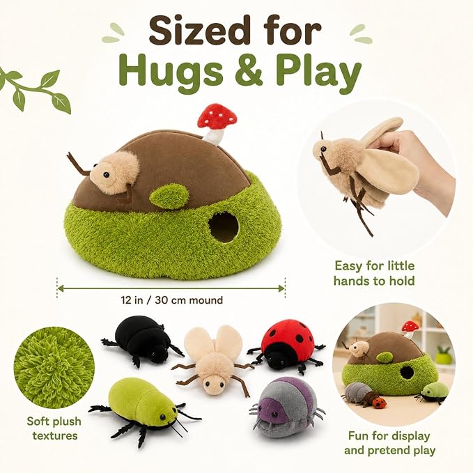 Bug Plush Toy Set, 5 Beetle Stuffed Animals with Dirt Mound Plushie, Hide and Seek Zipper Storage Habitat, Ladybug and Roly Poly Plush Toys, Gift for Kids Insect Lovers, 12 Inch