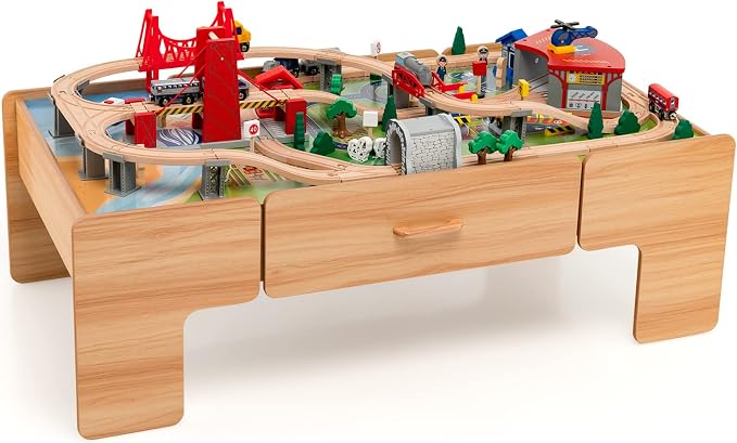 HONEY JOY Train Table, Wooden Kids Activity Table with Storage, 100 Multicolor Pieces, Tracks, Trains, Cars, Toddler Train Table Set with Reversible Tabletop, Gift for Boys Girls Age 3+, Natural