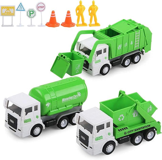 FIVEDAOGANG Toy Vehicles Set 3 Pack Sanitation Truck Car Model Garbage Trucks Water Tanker Playset with 8 Signpost Friction Power for Boys Age 3+ Toddlers Kids Holiday Birthday Gift Children