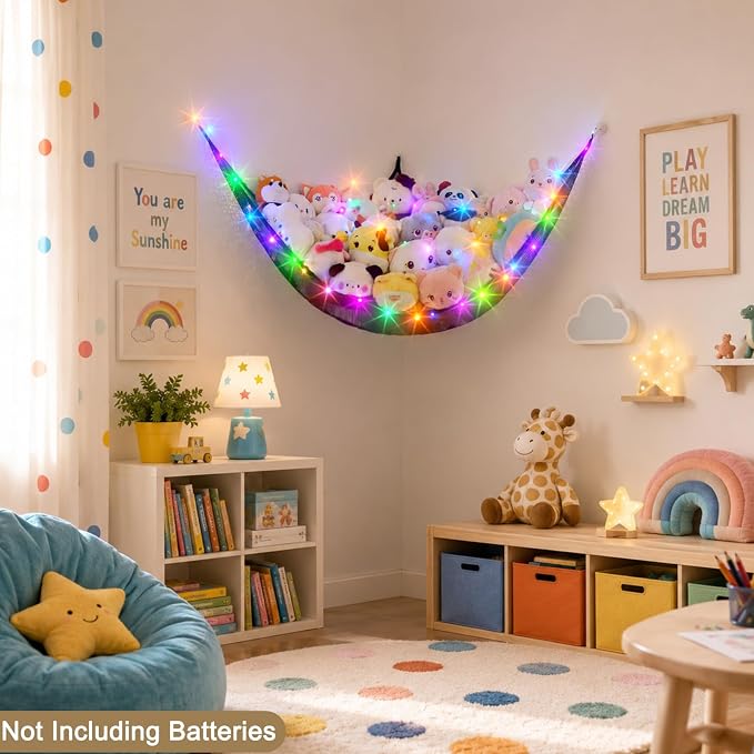 Unicorn Castle Stuffed Animals Net or Hammock Kids Toy Storage Organizer with LED Light Hanging Corner Stuffed Animals Holder Kids Girls Room Decor,Black,Large (Pack of 1)