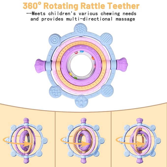 Rotatable Baby Teething Rings Rattle Toys for Infants 3-12 Months, Silicone Baby Teether Sensory Toys with Raised Textured Bumps, Safe & Soft for Chewing, Teething Relief, Soothing Sore Gums, BPA-Free