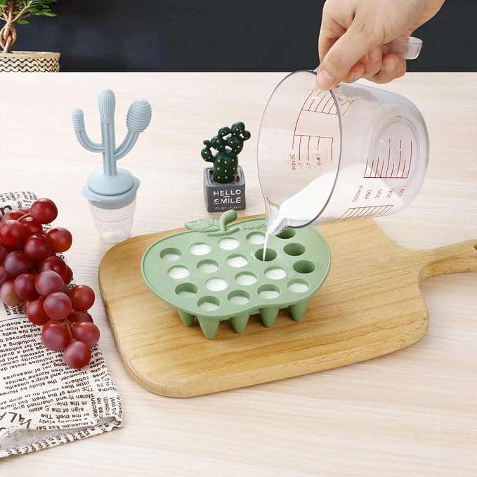 PandaEar 2 Pack Baby Breastmilk Popsicle Molds, Silicone Nibble Freezer Tray, Baby Fruit Food Feeder Teether Tray, 19 x 0.2 oz Baby Food Storage Container for Homemade Baby Food -Green&Tan