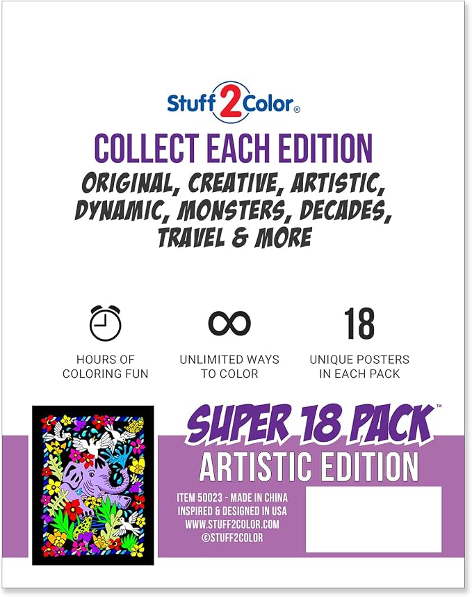 Super Pack of 18 Fuzzy Velvet Coloring Posters (Artistic Edition) - Great for Family Time, Arts & Crafts, Travel, Classrooms, Care Facilities [For All Ages: Girls, Boys, Adults, Toddlers, and More]