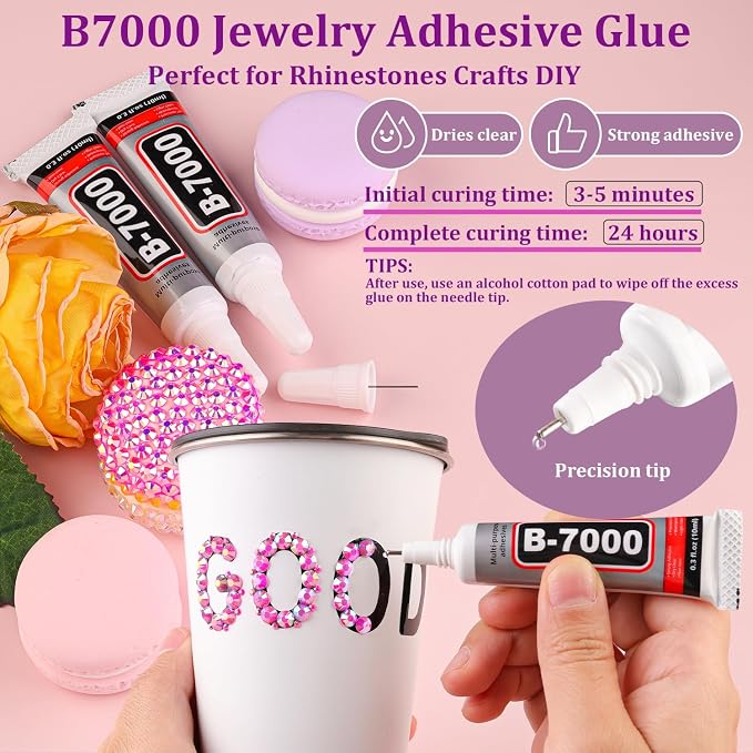 30000Pcs Resin Rhinestones for Bedazzling with Tweezers, Hot Pink AB Rhinestones for Crafting with 3Pcs 10ml B7000 Jewelry Glue for DIY Crafts Clothing Tumblers Shoes Fabric Nail Art