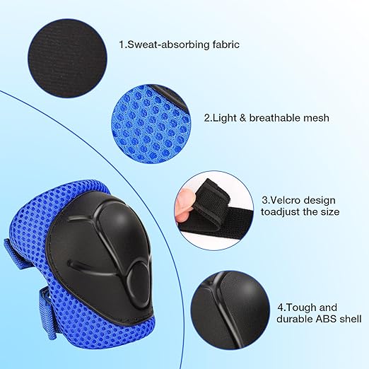 Kids Protective Gear Set - Knee Pads Elbow Pads with Wrist Guards for Ages 3-12 | 3-in-1 Safety Protective Gear for Skating, Cycling, Biking, Roller Skates, Scooters (Blue, ‎M(8-12Years))