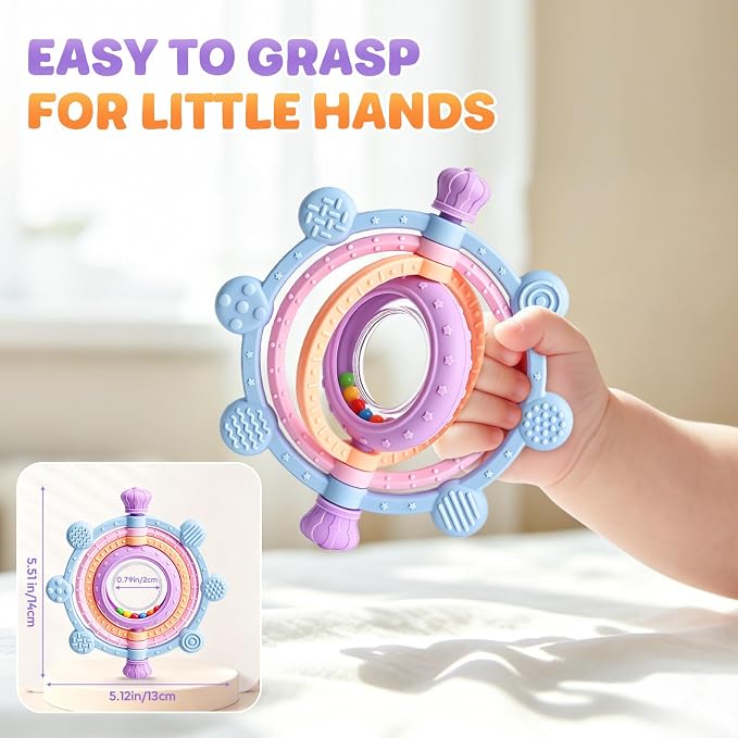 Baby Teething Ring Toys 3-6 6-12 Months, Silicone Sensory Rattle Teether Toys for Teething Relief, Baby Newborn Essentials Chew Toys for Sucking Needs, Infant Shower Gifts & Baby Toys