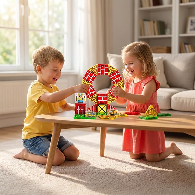 42PCS Mini Construction Magnetic Tiles Travel Set, Portable STEM Blocks with Metal Case, Montessori Educational Sensory Gifts for 3–5 Year-Old Boys