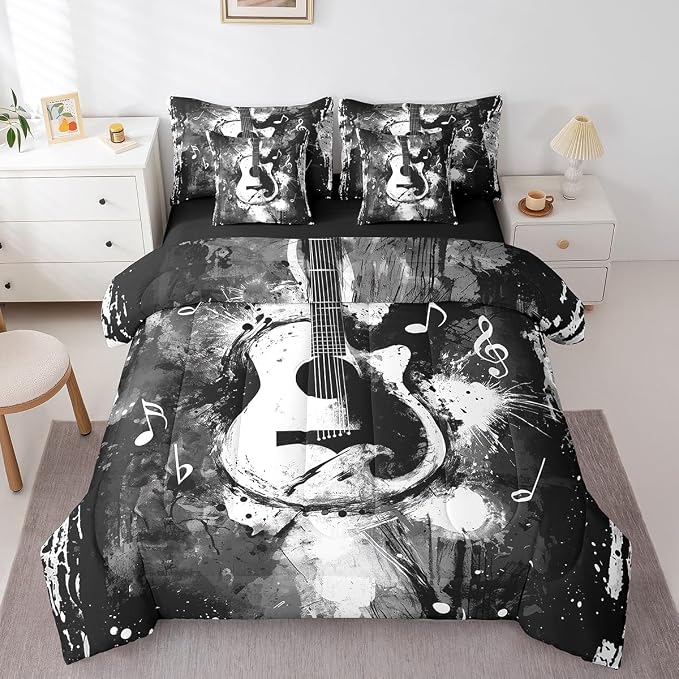 Feelyou Guitar Comforter Set with Sheets Twin Size Rock Music Bed in a Bag for Boys Girls Teens Black Gray 7 Pieces Bedding Set Soft Lightweight Microfiber