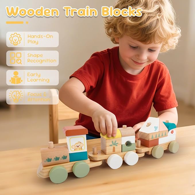 Freniland Wooden Train Set 18PCS Blocks Train Toy DIY Educational Building Stacking Train Gift for Toddlers 18M+