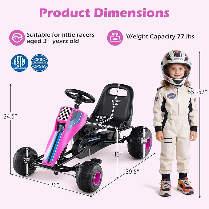 Costzon Pedal Go Kart, 4 Wheel Ride on Toy Pedal Car with Adjustable Seat, Handbrake, Free-Wheel & Pedal Modes, Outdoor Bicycle Go Cart with Wear-Resistant Wheels, Gift for Boys and Girls (Pink)
