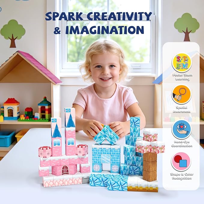 150 PCS Princess Castle Magnetic Blocks, Easter Gifts for Kids 3 4 5 6 7 Year Old - Ice & Fire Magnetic Tiles for Toddlers, Idea Birthday Gift Travel Toys for Ages 3-5 4-8 Boys and Girls.