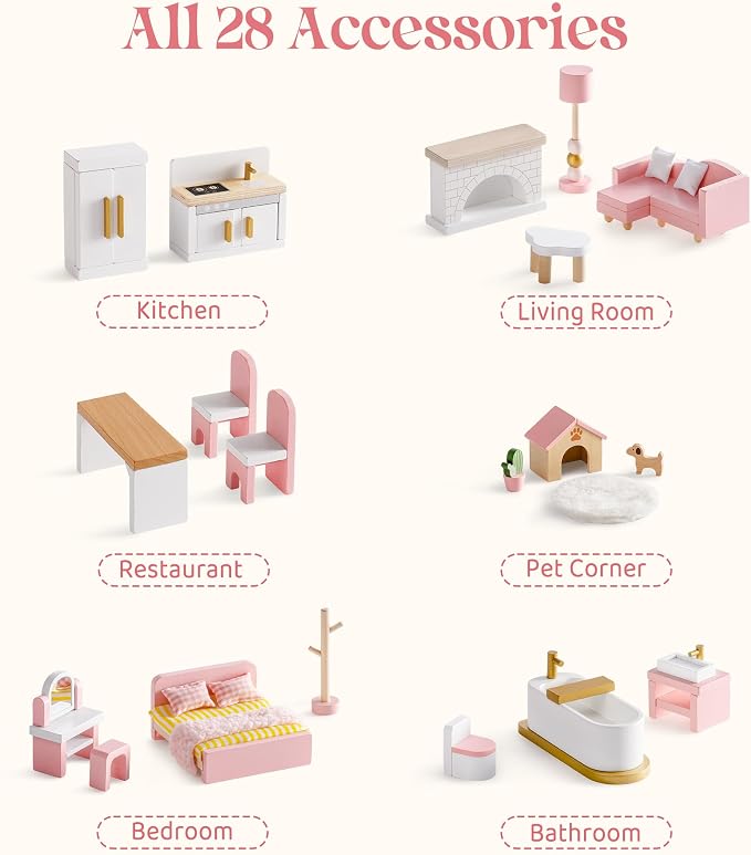 ROBOTIME Wooden Dollhouse Furniture Set, 28 PCS Miniature Dollhouse Furniture with 6 Room Kits, Dollhouse Accessories and Pretend Play Furniture, Gift for Boys and Girls Ages 3+