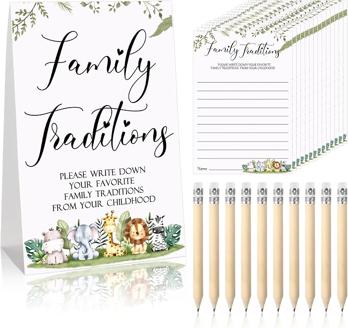 Fumete 61 Pieces Family Tradition Baby Shower Games Include 1 Family Traditions Standing Sign and 50 Activities Cards with 10 Pencils for Gender Reveal Bridal Shower Wedding(Green,Forest Animals)