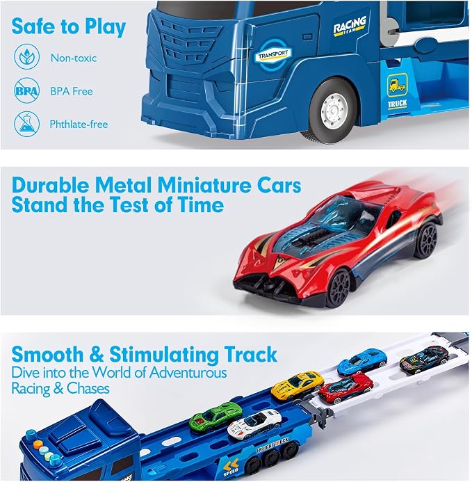 hahaland Toys for 3 Year Old Boy Gift - 2 in 1 Car Carrier Transforms into Race Tracks Toys with Dual Launcher Truck for Kids Ages 3-5 - Car Sets for Boys 3 Year Old Boy Gifts
