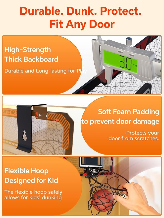 BATURU Over The Door Basketball Hoop for Kids – Indoor Basketball Toy with LED Scoreboard, Lights & Sound, Easy to Hang – Fun Gifts for Boys Ages 6–10