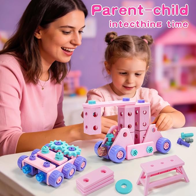 Design and Drill Toy - Toddler Tool Set with Drill & Toolbox, Create And Design Drill Kit Stem Toys for Kids Ages 3-6, Toddler Building Educational Construction Toy for 3-6 Year Old Girl (PINK)