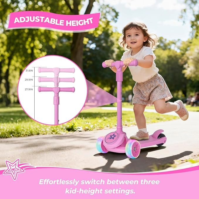 Nattork Kids Scooter for Girls Boys with Light Up Wheels, 3 Adjustable Height Handlebars, Lean-to-Steer Technology, Widen Anti-Slip Deck, 3 Wheel Scooter for kid ages 3-8, Support Riders Up to 110 LBS
