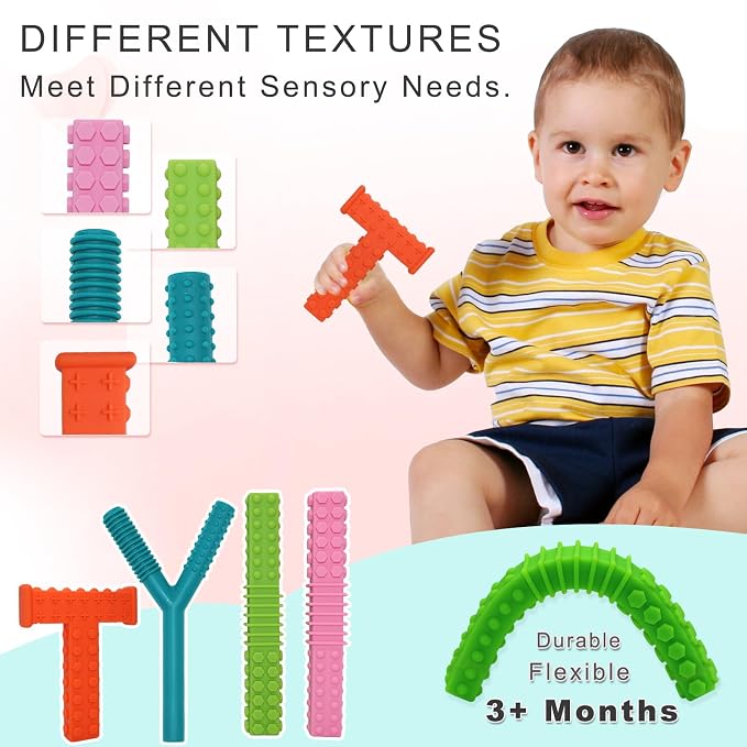 Sensory Chew Toys for Autistic Children, 4 Pack Silicone Chew Tube Teething Sticks Toys for Autism, ADHD, SPD, Chewies with Special Needs, Oral Motor Chewy Tool for Sensory Kids Chewer