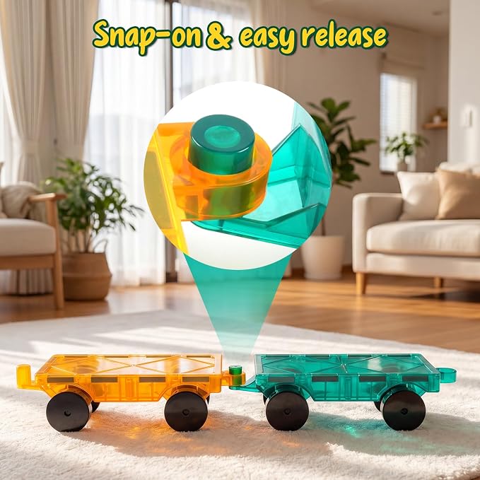 BAMG Magnetic Tiles Car Building Kit, 4 PCS Magnet Construction Trucks, STEM Educational Toys for Kids Ages 3-8, Engineering Vehicle Building Set, Sensory Learning Gifts for Toddlers Boys Girls