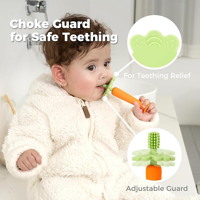 Papablic Baby Toothbrush Teether, 360° Carrot Toothbrush Teething Toy with Suction Base, Children's Day Gift Travel Essentials for Toddler Infants 6-12 Months
