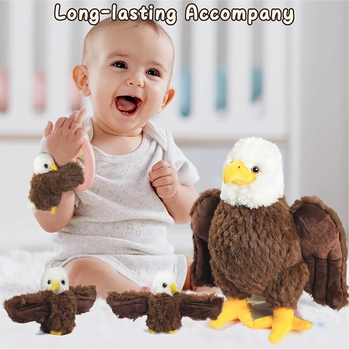 4 Pcs Bald Eagle Stuffed Animal, 14" Zippered Large Mommy Stuffed Eagle Plush with 3 Baby Bald Eagles Toys, Wild Zoo Animals Gifts for Kids Boys Girls Birthday Christmas