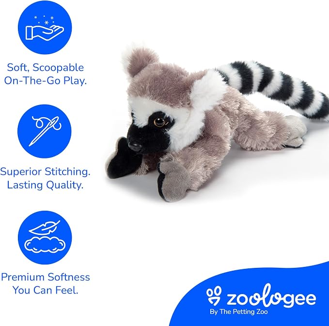 The Petting Zoo Ring Tailed Lemur Stuffed Animal Plushie, Gifts for Kids, Scoopz Wildlife Animals, Lemur Plush Toy, 8 inches