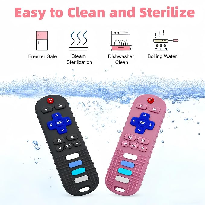 3-Pack Baby Teething Toys, BPA-Free Silicone Baby Remote Control Teething Toy for 3-18 Months, Toy Remote for Baby, Teething Relief Newborn Remote Shaped Toy (Black&Pink&Pig Black)