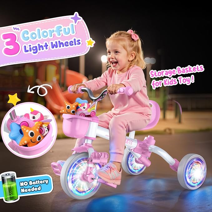 Kkdi 5 in 1 Toddler Bike for 1-5 Year Old, Tricycle with Push Handle, Convertible Baby Balance Bike, Bicycle, Color Light Wheel & Detachable Pedal, 4-Position Seat, Toddler Girl Birthday Gift, Toy