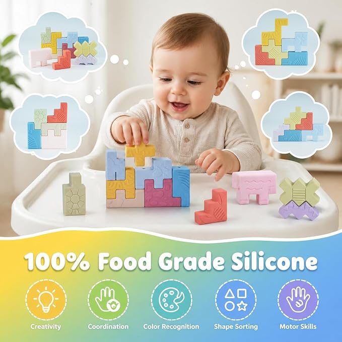 10 Soft Animal Stacking Blocks for Babies 6-12 Months, Montessori Toys for 1 2 Year Old Girls & Boys, Building Blocks Game Teething Toys for Babies Birthday Gifts, Shapes & Colors