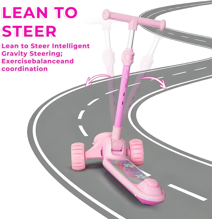 Nattork Kids Scooter for Girls with Light Up Wheels, Deck and Headlight, Wide Anti-Slip Deck and T-bar Handle with Rear Foot Brake, Adjustable Height 3 Wheel Scooter for Kids Ages 3+ and up to 220Lbs