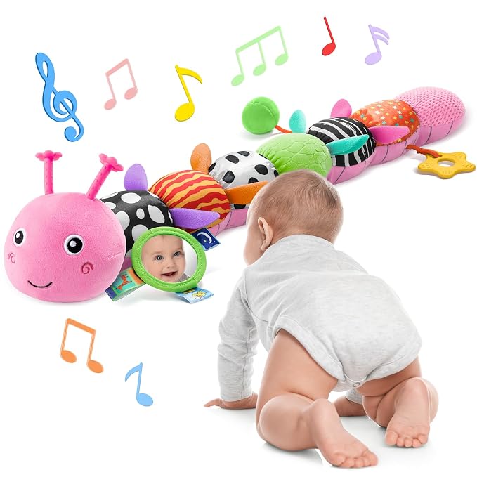 AWOTOY Baby Toys 6-12 Months Music Caterpillar Infant Toys Stuffed Animals 0-3-6 Months Teething Tummy Time Sensory Toys with Mirror Rattle&Pull String Boys Girls Shower Birthday Gifts