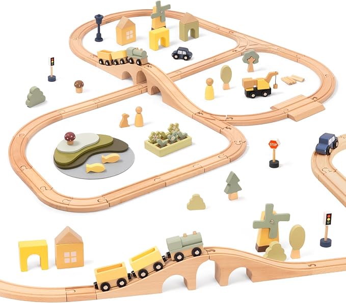 OOOK Multi-Scenario Wooden Train Set,All Wood Accessories Train Set for Toddlers 3 Years Old, Multi-Scenario Train Toy for 3 4 5 Years Old Girls & Boys
