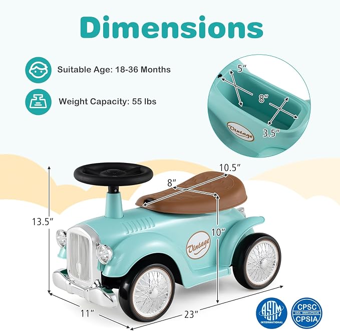 Costzon Ride On Push Car for Toddlers, Classic Kids Ride On Car Foot-to-Floor Sliding Car with Steering Wheel, Horn & Under Seat Storage, Ride On Toy for Boys Girls 18-36 Months (Green)