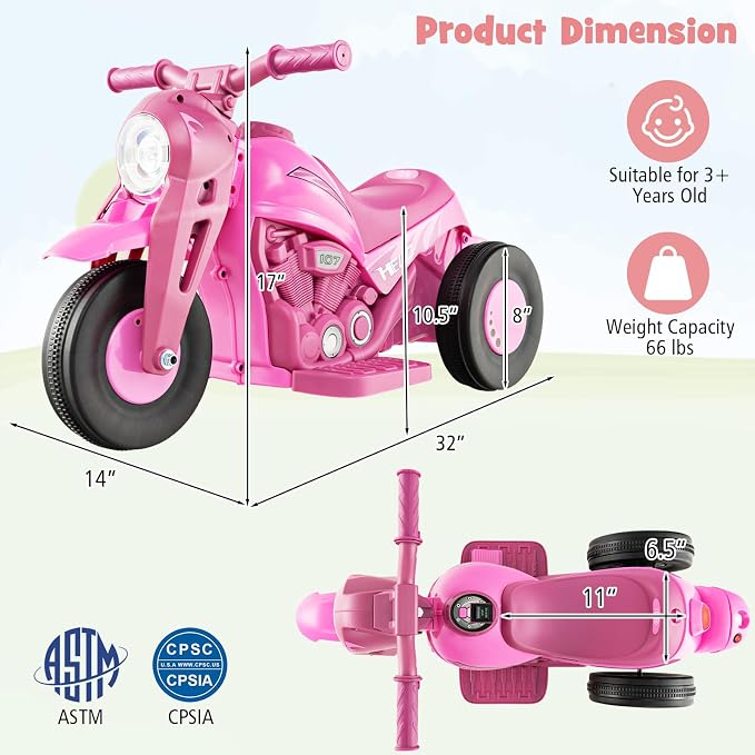 Costzon Kids Motorcycle, 6V Battery Powered Ride on Motorcycle with Bubble Maker, Music, LED Headlight, Forward & Backward, 3 Wheels Electric Motorcycle for Kids, Gift for Boys & Girls (Pink)