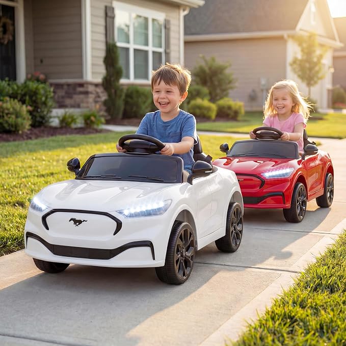 Costzon Ride on Car, 12V Licensed Ford Mach E Kids Electric Vehicle with Parent Control, LED Lights, Horn, Music, Wireless Connection & Spring Suspension, Kids Car Toy for Girls Boys (White)