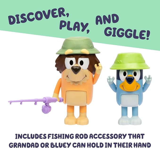 Bluey Fishing with Grandad Action Figure Set of 2, Character Toys with Grandad Figure and Fishing Rod Accessory, Small Action Figures for Kids Ages 3+