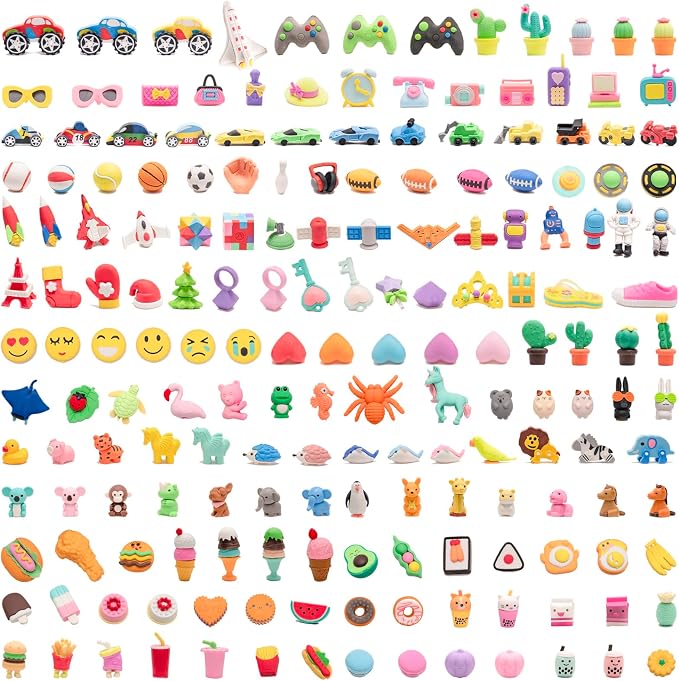 182pcs 3D Cute Kids Erasers, Random Desktop Pet Toys Gifts, Classroom Rewards Kids Party Gifts, Various Styles Such as Animals, Food, Plants, Space, Princess, Sports, Halloween, Christmas