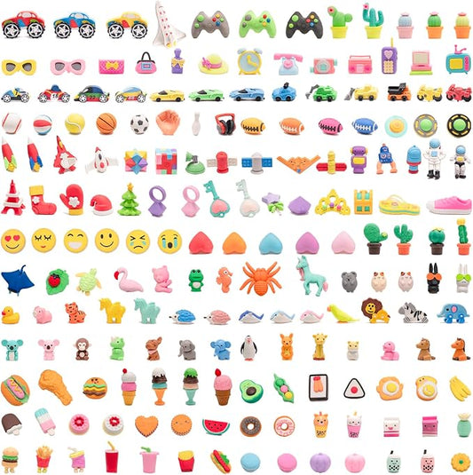 182pcs 3D Cute Kids Erasers, Random Desktop Pet Toys Gifts, Classroom Rewards Kids Party Gifts, Various Styles Such as Animals, Food, Plants, Space, Princess, Sports, Halloween, Christmas