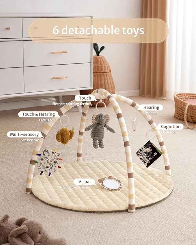 Blissful Diary Baby Play Gym Mat, Tummy Time Activity Mat with 6 Detachable Toys for Stage-Based Sensory & Motor Skill Development, Easy to Install & Clean, Baby Essentials Gift, Sandy Beige