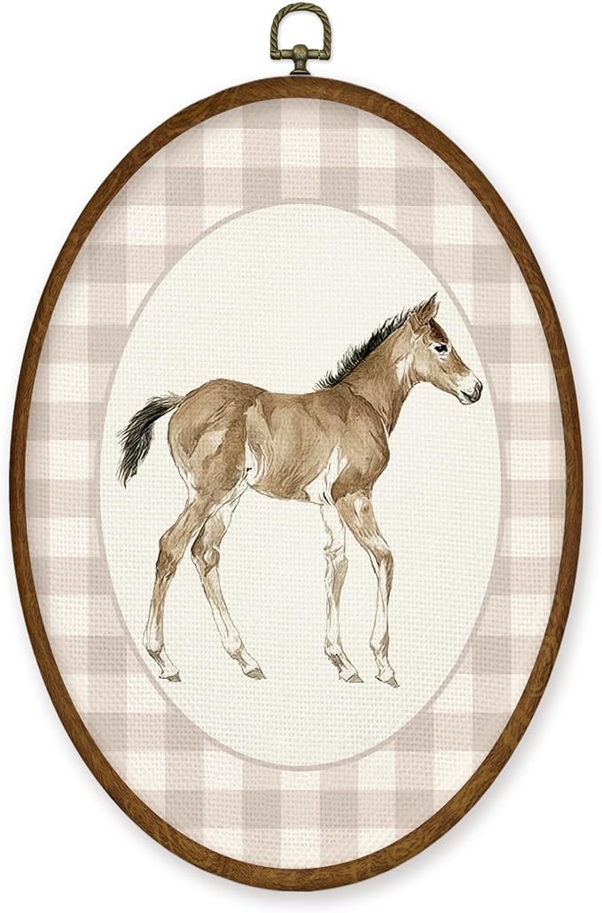WULQYING Vintage Baby Horse Nursery Wall Art Decor, Kids Playroom Oval Framed Canvas Art Prints, Neutral Gingham Foal Horse Animal Wall Hanging Decor for Kids Toddler Room Bedroom, 8.6x11.4 Inches