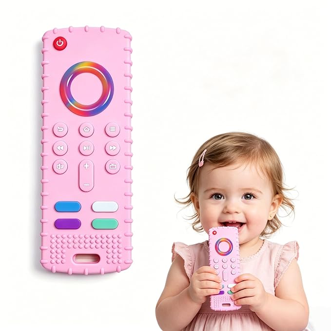 SOLIFEGOBLE Silicone TV Remote Teething Toy, BPA-Free Food Grade Teether for Babies 6-24 Months, Soft Chew Toy with Textured Buttons, Teething Relief & Sensory Play (Pink)