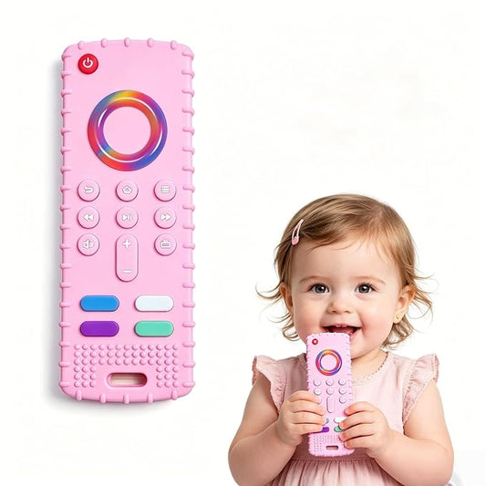 SOLIFEGOBLE Silicone TV Remote Teething Toy, BPA-Free Food Grade Teether for Babies 6-24 Months, Soft Chew Toy with Textured Buttons, Teething Relief & Sensory Play (Pink)