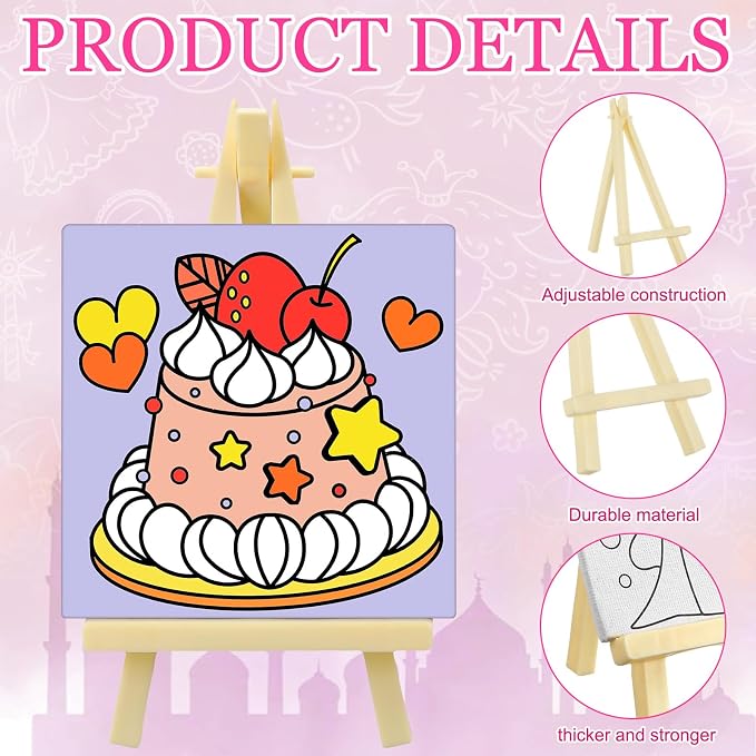 Tenceur 48 Pcs Kids Paint Party Favors Sets with 12 Pcs Unicorn Girl Cake Pre Drawn Canvas Panel and Wooden Easel Set Paint Pots and Brushes 12 Mini Apron and Tote Bag for Kids Girls Student Boys