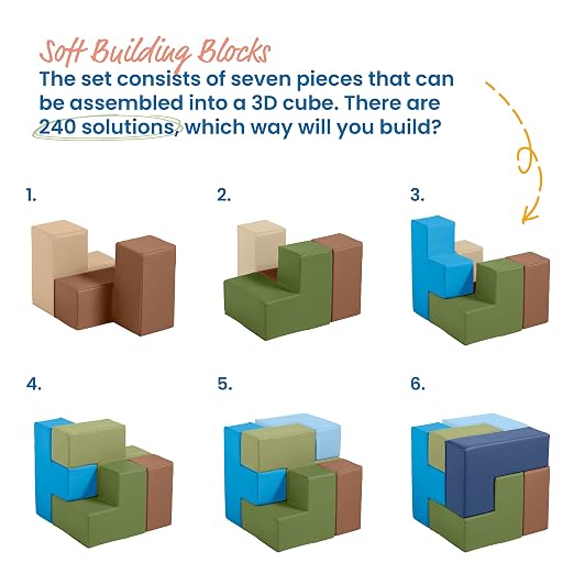 ECR4Kids SoftZone Brainy Building Blocks Puzzle Set, Beginner Playset, Earthtone, 7-Piece